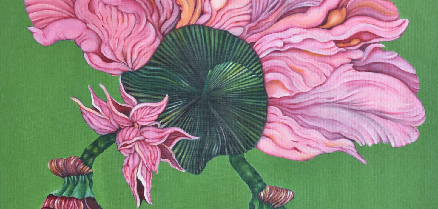 Bright, colourful floral painting featuring pink petals against an abstract green background. This painting by Daniela Marten Rothe evokes a sense of eroticism, sensuality and feminine power. Sensual flower painting