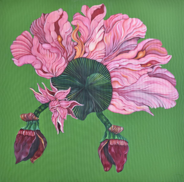 Bright, colourful floral painting featuring pink petals against an abstract green background. This painting by Daniela Marten Rothe evokes a sense of eroticism, sensuality and feminine power. Sensual flower painting