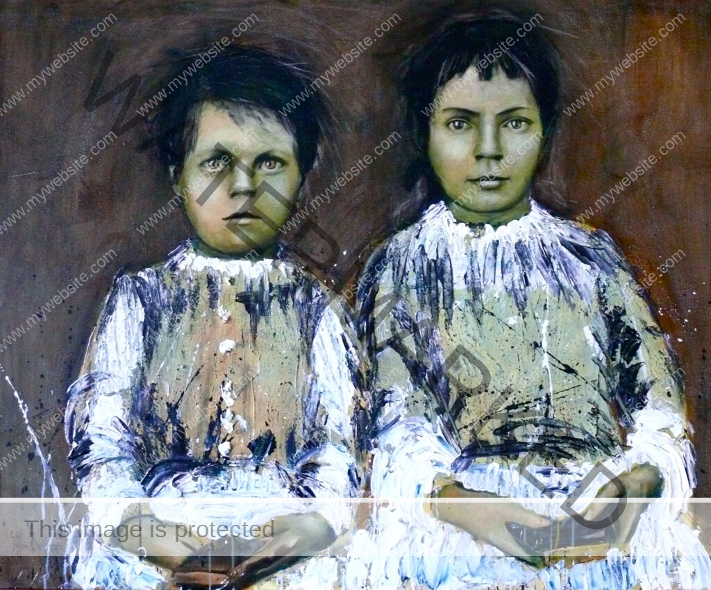 Surreal reading painting. Creepy, unsettling painting of two children sat together with books in their hands, set against a dark abstract background, by Sofía Ruiz.