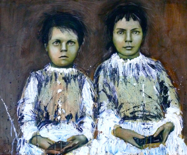 Surreal reading painting. Creepy, unsettling painting of two children sat together with books in their hands, set against a dark abstract background, by Sofía Ruiz.