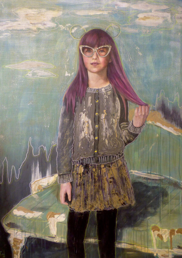 Oil and acrylic painting by Sofía Ruiz of a young girl wearing glasses and holding her hair, set against an abstract blue wall with a green couch in the background. The painting evokes feelings of nostalgia, memory and playfulness.