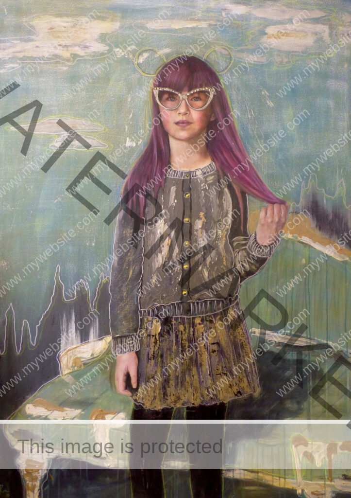 Oil and acrylic painting by Sofía Ruiz of a young girl wearing glasses and holding her hair, set against an abstract blue wall with a green couch in the background. The painting evokes feelings of nostalgia, memory and playfulness.