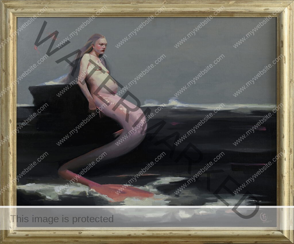 oil painting of a pregnant mermaid sitting atop a rock, by Emilia Cantor. The ocean is dark, almost black, and they sky is grey. The mermaid stares out into the void, evoking feelings of emptiness, but also hopefulness for the future. pregnant mermaid painting