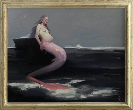 oil painting of a pregnant mermaid sitting atop a rock, by Emilia Cantor. The ocean is dark, almost black, and they sky is grey. The mermaid stares out into the void, evoking feelings of emptiness, but also hopefulness for the future. pregnant mermaid painting