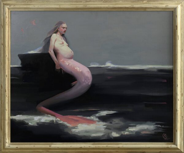 oil painting of a pregnant mermaid sitting atop a rock, by Emilia Cantor. The ocean is dark, almost black, and they sky is grey. The mermaid stares out into the void, evoking feelings of emptiness, but also hopefulness for the future. pregnant mermaid painting