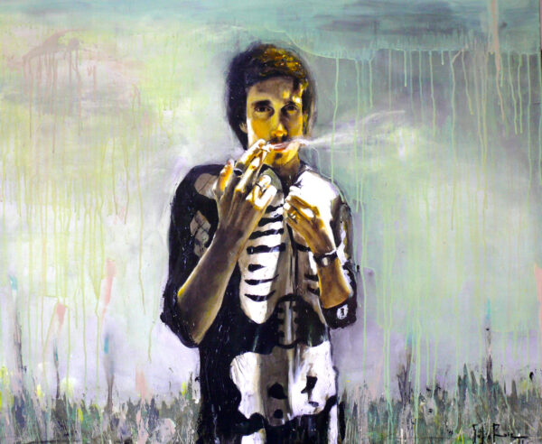 Skeleton costume painting. Eerie painting of a man smoking, dressed in a skeleton costume against a green and purple abstract background, by Sofía Ruiz.