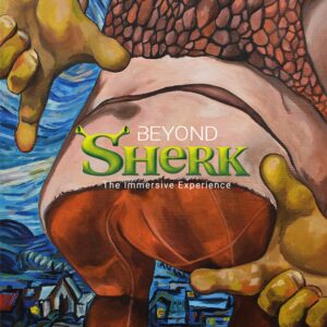 Shrek's bottom and hands, advertising the exhibition Beyond Shrek.