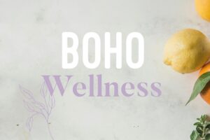Grey background with lemons to advertise BOHO Wellness fair.