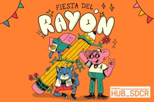 Mouse and cat dressed as people, holding a crayon, to advertise the Raynon Party.
