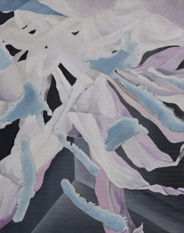 Abstract performance acrylic painting by Lucía Howell Vargas. Colours of grey, blue, black, white, pink and purple.