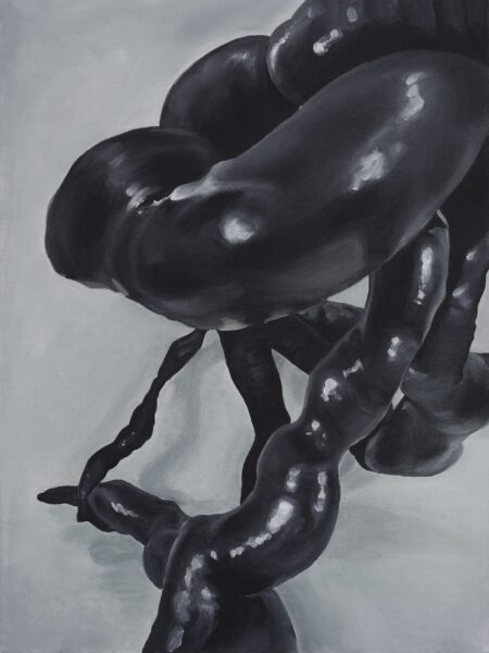 Close-up acrylic painting by artist Lucía Howell Vargas of her performance art. She is wearing a large black costume making her look like a bog creature.