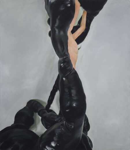 Close-up acrylic painting by artist Lucía Howell Vargas of her performance art. She is wearing a large black costume making her look like a bog creature.