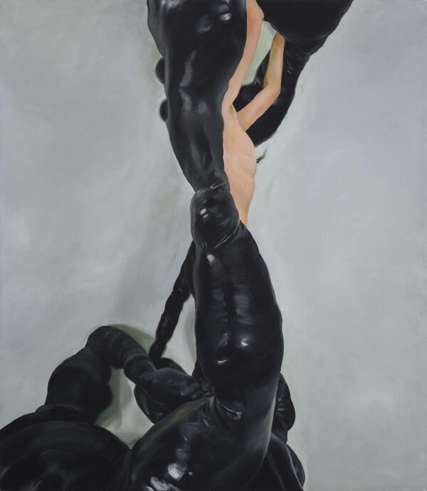 Close-up acrylic painting by artist Lucía Howell Vargas of her performance art. She is wearing a large black costume making her look like a bog creature.