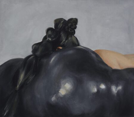 Close-up acrylic painting by artist Lucía Howell Vargas of her performance art. She is wearing a large black costume making her look like a bog creature.