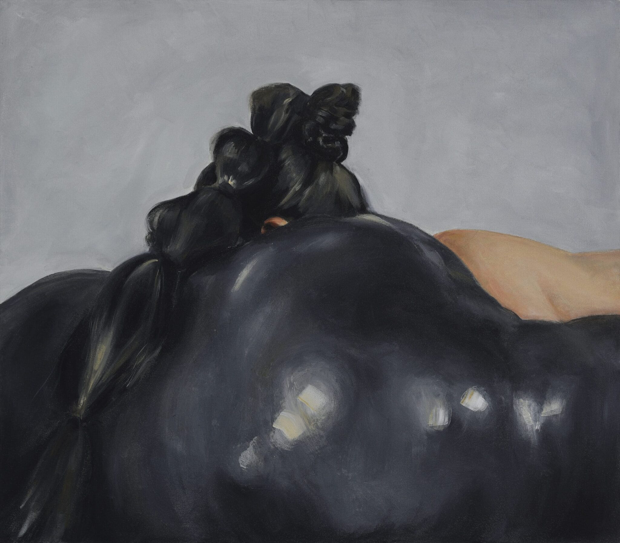 Close-up acrylic painting by artist Lucía Howell Vargas of her performance art. She is wearing a large black costume making her look like a bog creature.