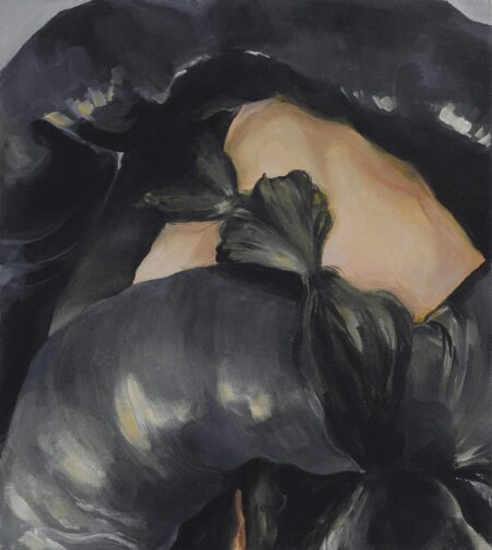 Close-up acrylic painting by artist Lucía Howell Vargas of her performance art. She is wearing a large black costume making her look like a bog creature.