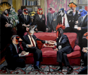 La Reunion by Philipp Anaskin, featuring businessmen in suits with bird heads, evoking themes of transformation and mutation.