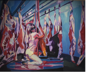 Slaughterhouse painting by Philipp Anaskin, featuring a scantily clad woman sliding down a pole with hanging carcasses of dead animals in the background. The scene is shocking and unsettling.
