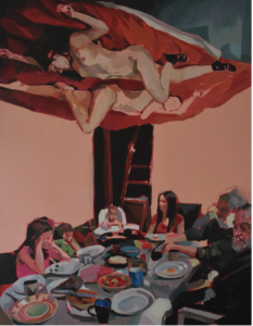 La Cena by Philipp Anaskin, featuring a family sitting down to dinner with two naked women lying upside down above. it's unsettling and alarming.