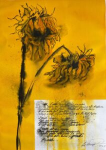 Yellow wilting sunflower painting by the Costa Rican Watercolour artist, Ana Elena Fernández.