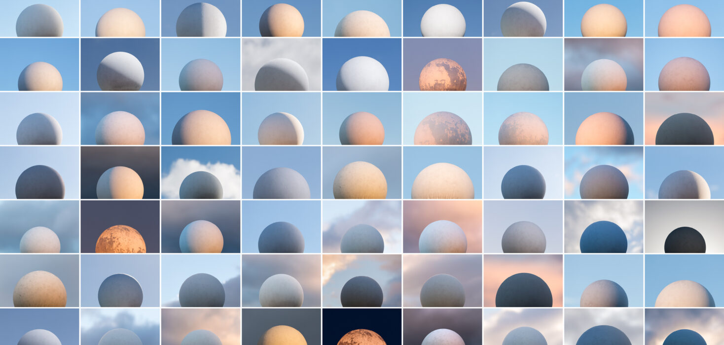 Multiple photos of the moon, different colours with different skies, making it appear abstract. Image is an example of the diversity of the Costa Rican Art Market.