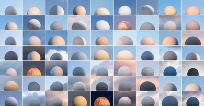 Multiple photos of the moon, different colours with different skies, making it appear abstract. Image is an example of the diversity of the Costa Rican Art Market.