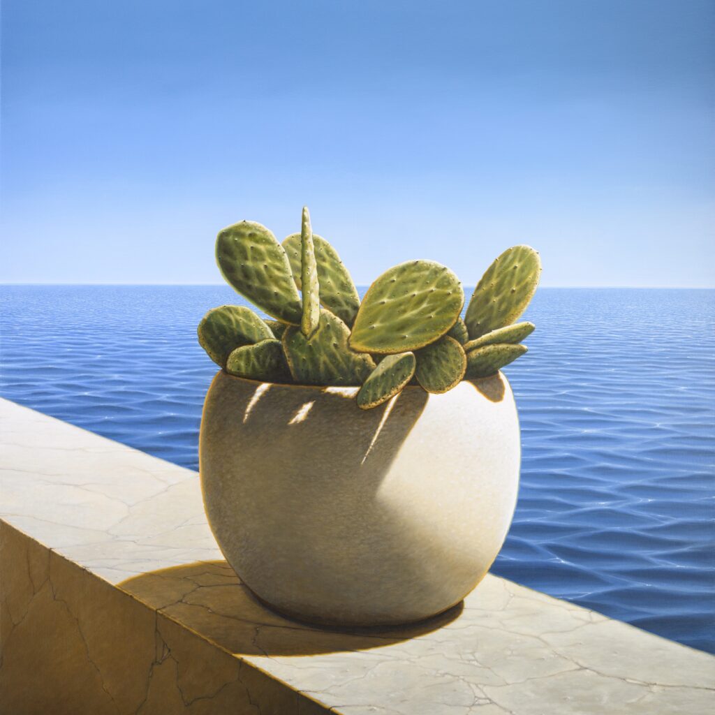 Hyperrealist painting of a cactus, in a pot, overlooking the ocean. By Eliecer Rodriguez.