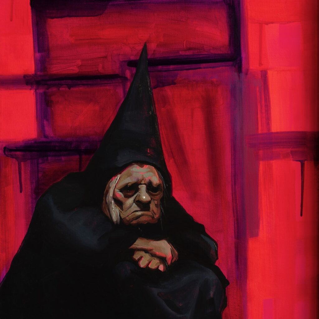 Vivid red, pink and black painting of an old man wearing a cape. By Emilia Cantor.