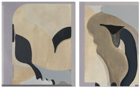 abstract diptych painting featuring black, brown, orange and muted blue/grey forms by Fabian Monge.