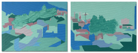 Diptych acrylic painting featuring blues and greens, depicting buildings and foliage, by Fabian Monge.