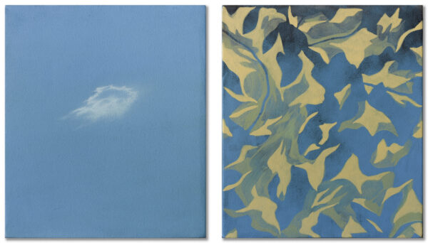 Diptych - two - canvases - one featuring a blue with a wispy cloud suspended, the other yellow leaves against a blue background. A midsummer painting.