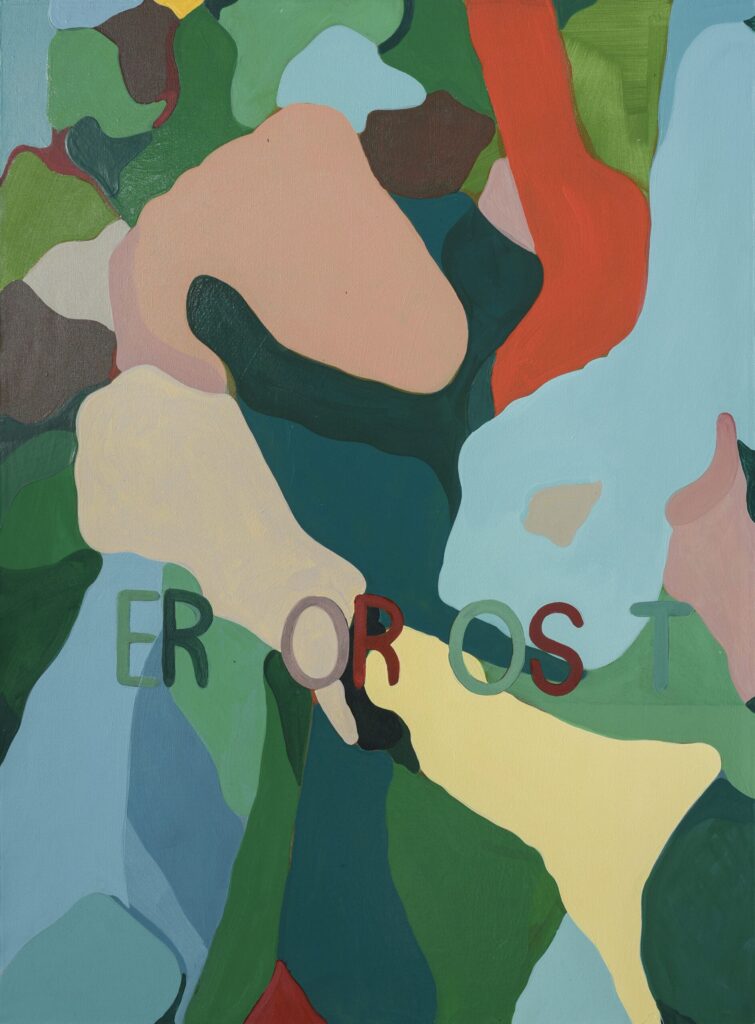 Primo painting by Fabian Monge, featuring colourful abstract shapes and forms with fragmented text laid overtop.