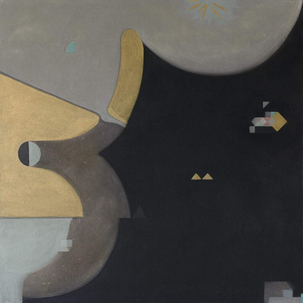 Square dream painting by Pablo Mejias. Abstract shapes in yellow, black, brown and grey creating a dreamlike composition.