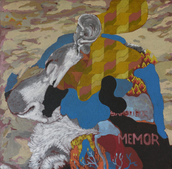 memoire painting. A nostalgic fragmented, collage-like painting of a dog lying on the floor.