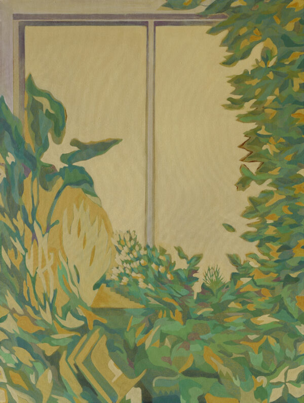 Foliage painting featuring lush foliage enveloping a window frame. Painted in yellow and green, it depicts a calm summer ambience.