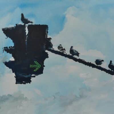 Impressionist painting of a traffic light, with pigeons sitting on top, set against a blue and white sky. By Osvaldo Sequeira.