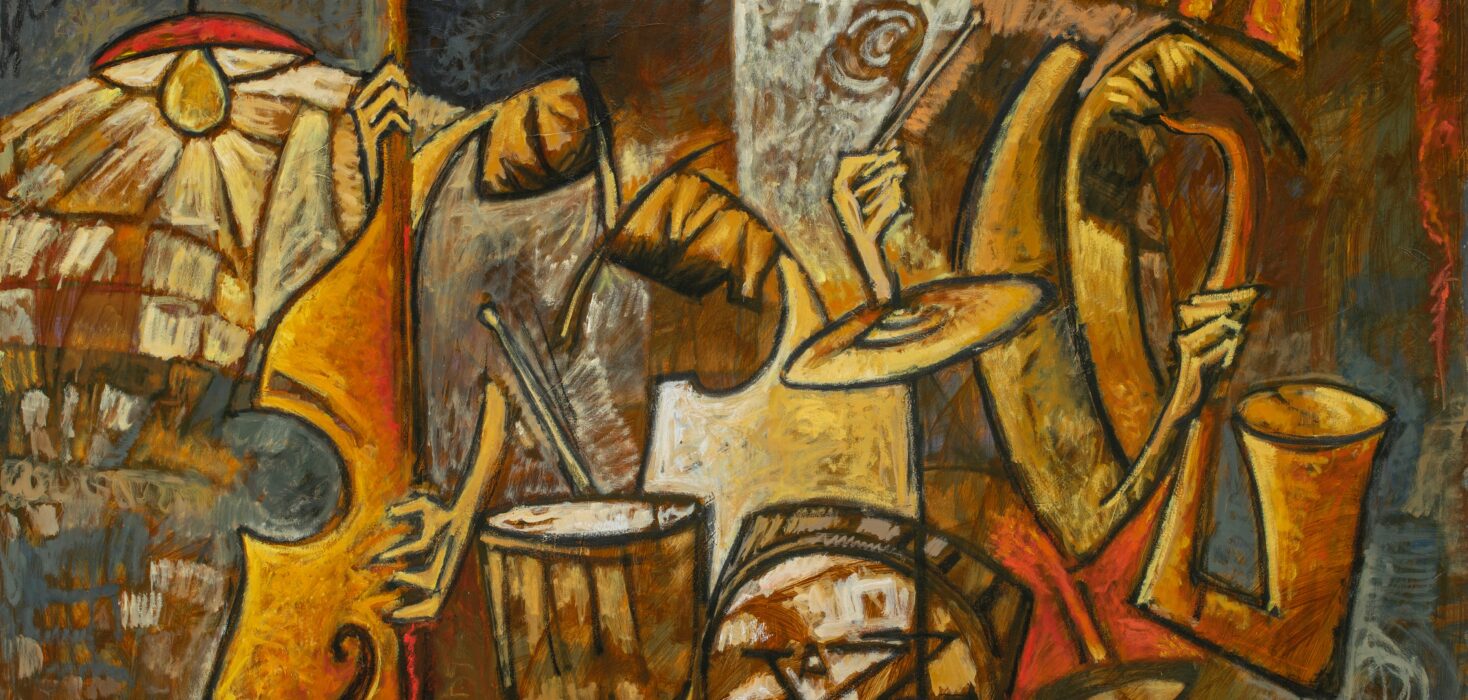 Cubist jazz composition with brown, orange and red tones by Milo Gonzalez. A great part of a home art collection.