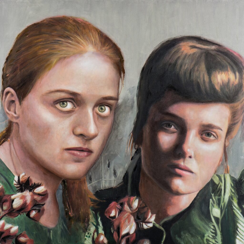 Painting of two woman, close-up, by Sofia Ruiz. The women stare out of the canvas with a defiant expression.