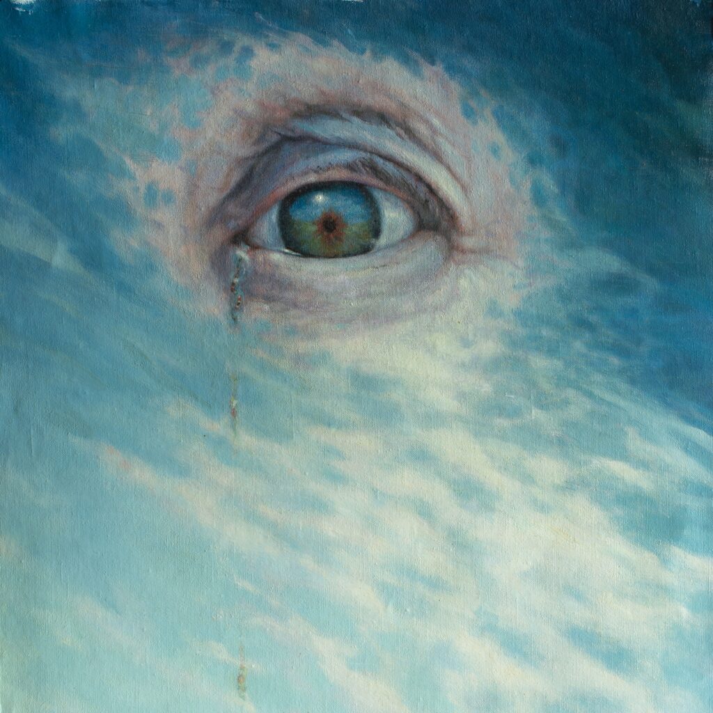 Surrealist image of an eye in the sky. It's unsettling and uncanny. By Sylvia Laks.