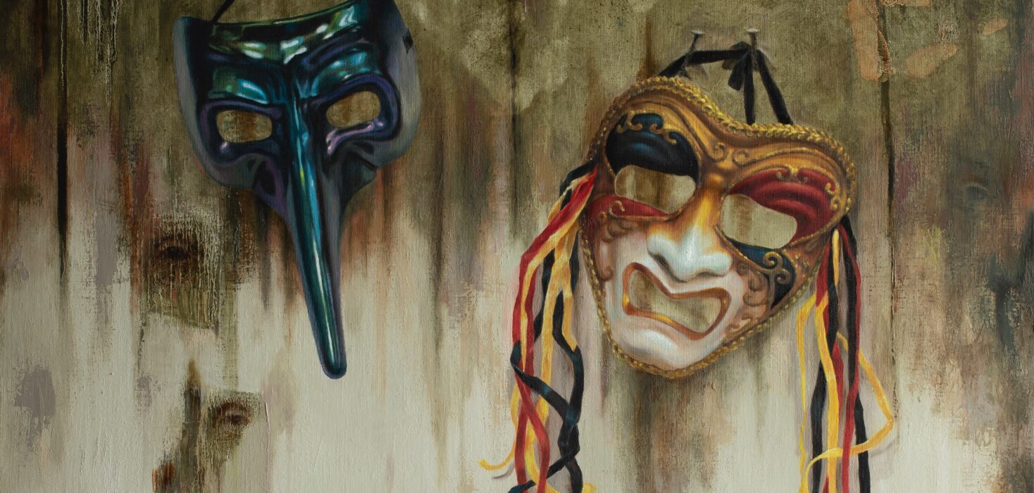 Costa Rican art. Plague and circus painting by Sylvia Laks. Two discarded masks appear anguished and suffering, evoking feelings of isolation and suffering.