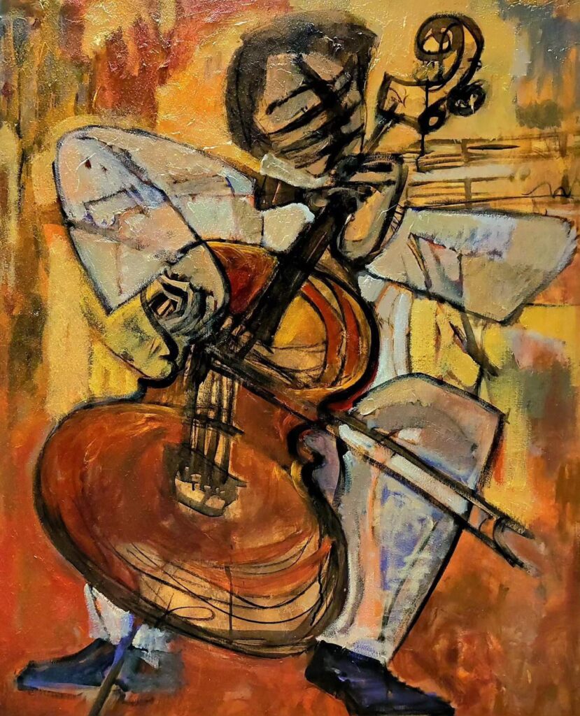 Cubist portrayal of a man playing the double bass, by the Costa Rican artist Milo Gonzalez. Energetic and lively. 