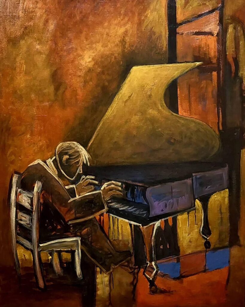 Painting of Canadian pianist Glenn Gould, by Milo Gonzalez. Featuring rich colours to convey the essence of Gould's music.