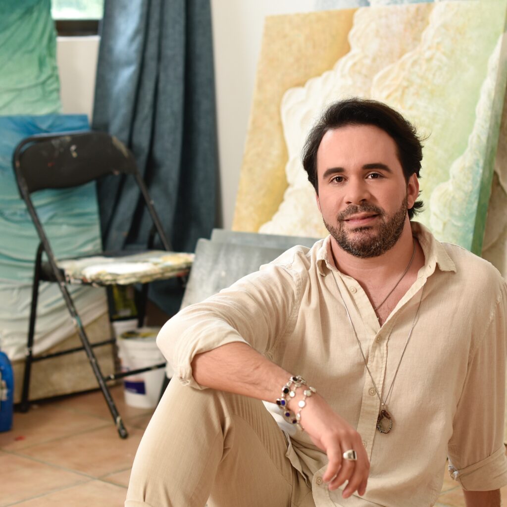 Portrait of artist Jaime Gurdian L in his studio.