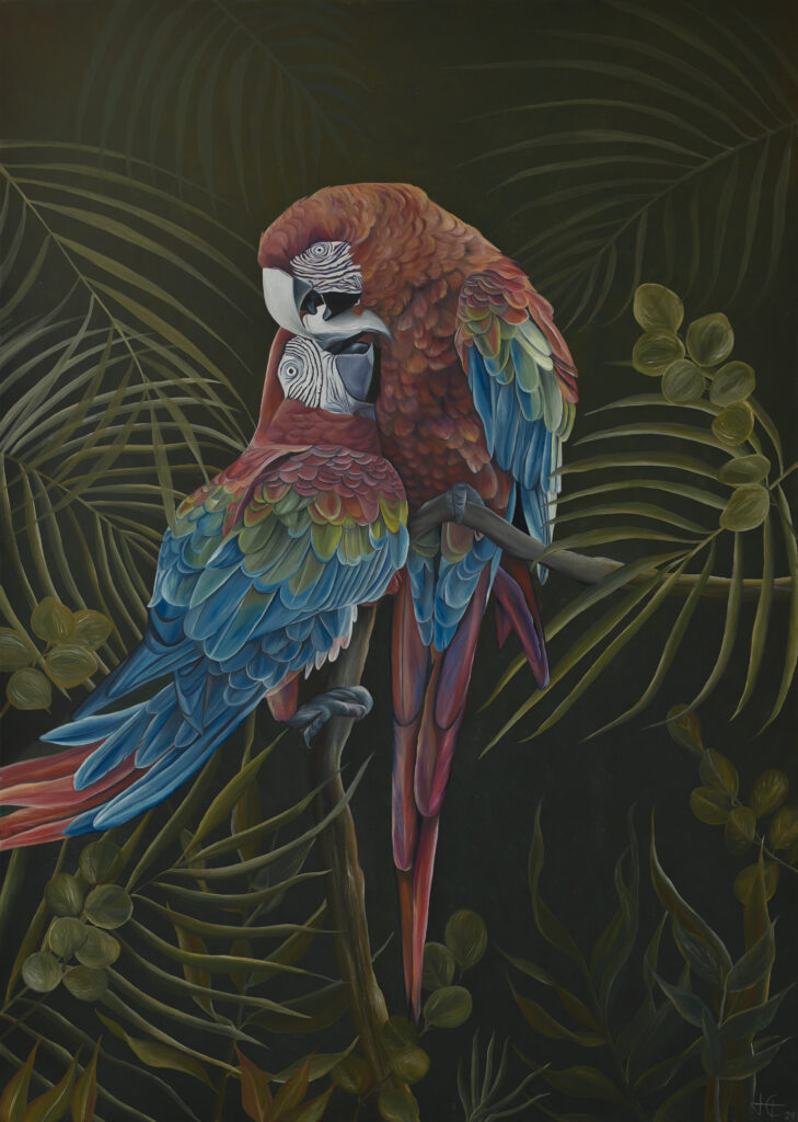 A painting of two parrots in the jungle by Costa Rican artist Jaime Gurdian L.