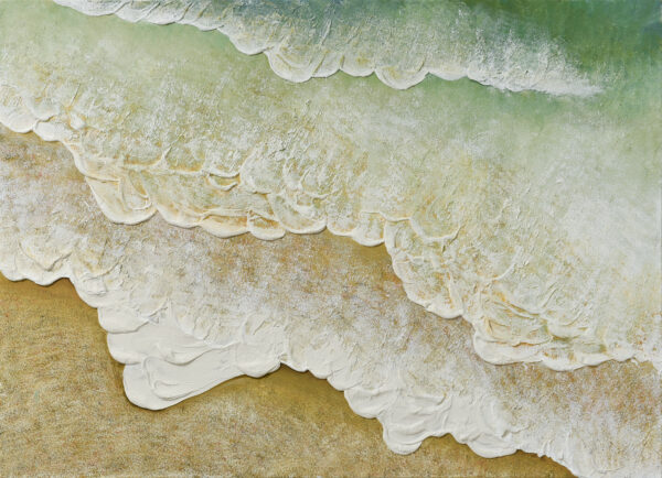 Textured Costa Rica beach painting with green and white water rolling onto the sand.