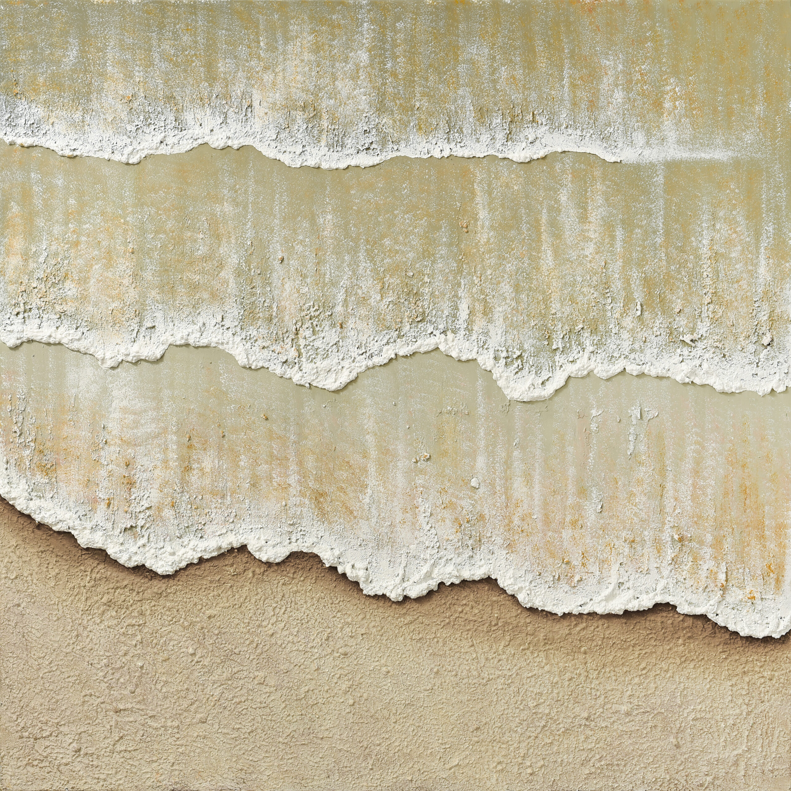 Textured Hermosa beach painting with muted colours, featuring waves rolling into the shore.