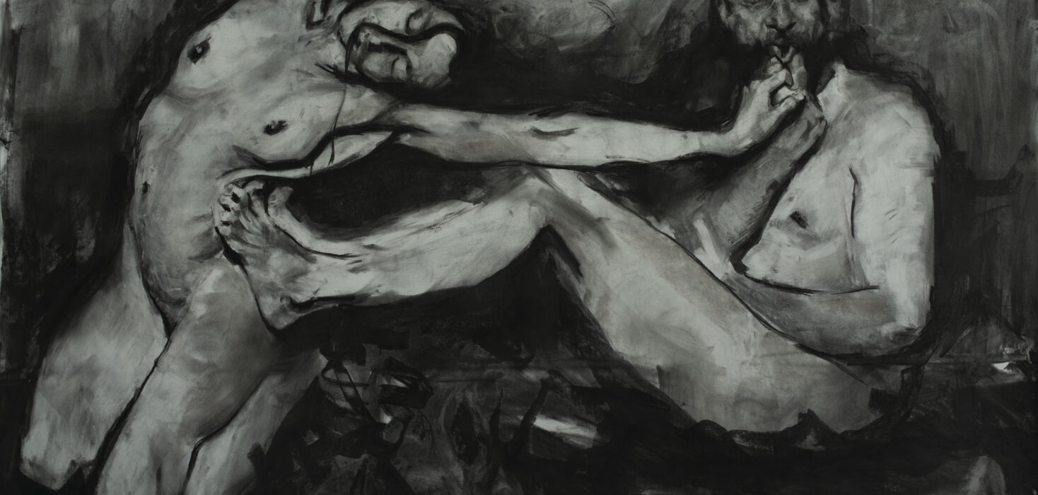 Charcoal drawing of a naked man and a woman together on the floor, by Roberto Murillo. Promoting Murillo's show at the Cartago Municipal Museum in San José July 2024.