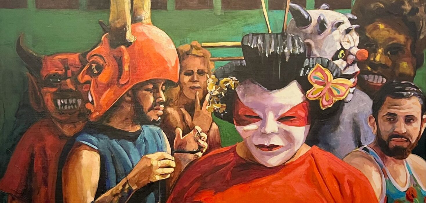 Image of masquerade painting by Adrián Arguedas, highlighting Costa Rican art and culture.