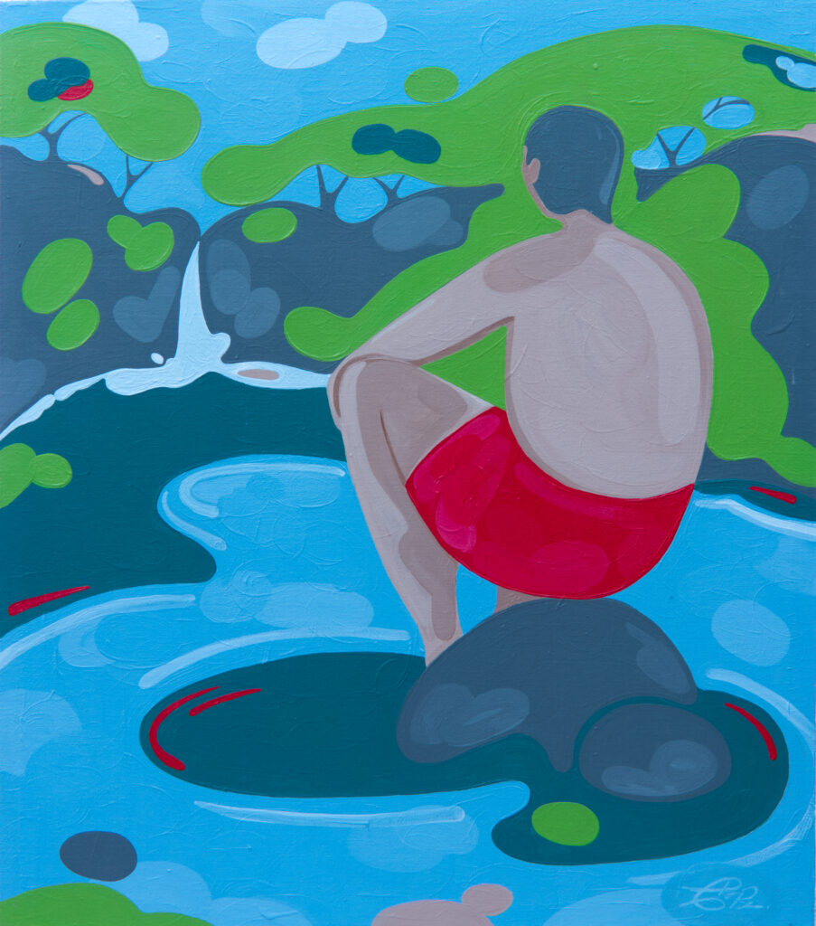 Painting of a man sitting on a rock, looking at a waterfall, by Christian Porras. An example of Costa Rican abstract landscape paintings.