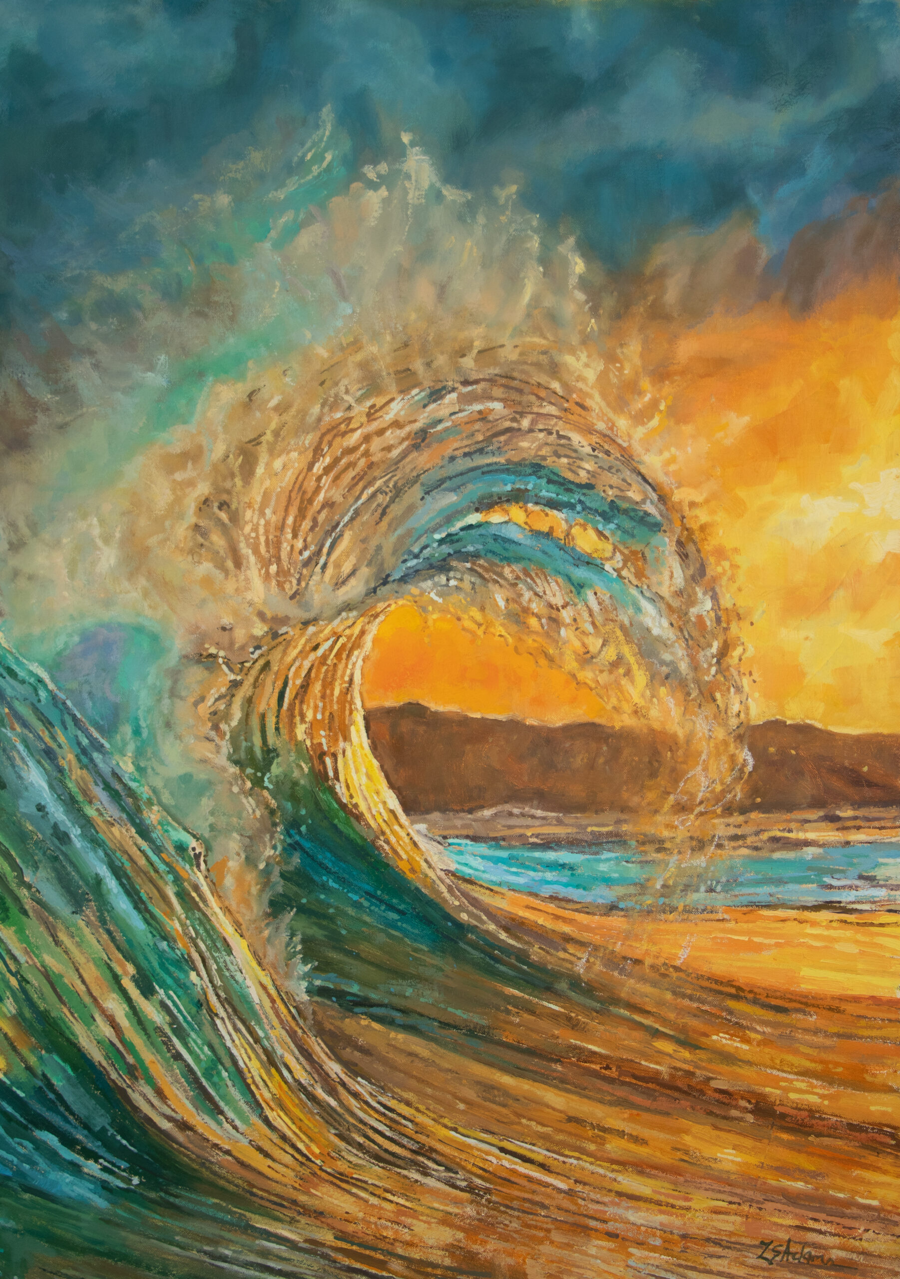 Powerful blue, orange, yellow and brown Guanacaste wave painting by Susan Adams